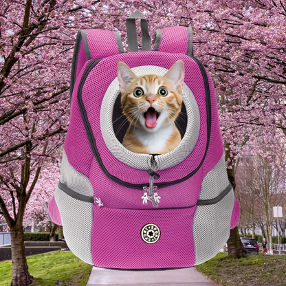 Chat dans sac rose Catpacky avec cerisiers en fleurs en arrière-plan
