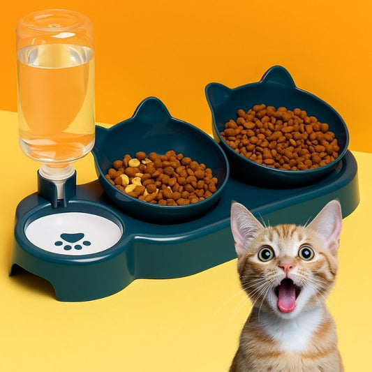 Gamelle bleue pour chat avec fontaine et chaton heureux