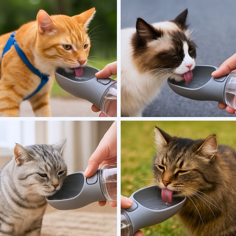Plusieurs chats à côté d'une gourde d'eau portable, pratique pour l'hydrater facilement lors des déplacements