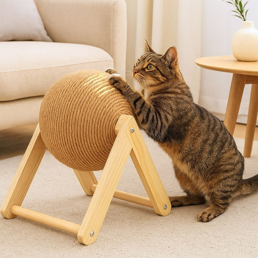 Chat tigré jouant et griffant un griffoir boule en bois Orbicat™ dans un salon moderne
