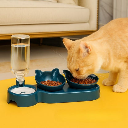 Chat mangeant dans gamelle avec eau fraîche automatique